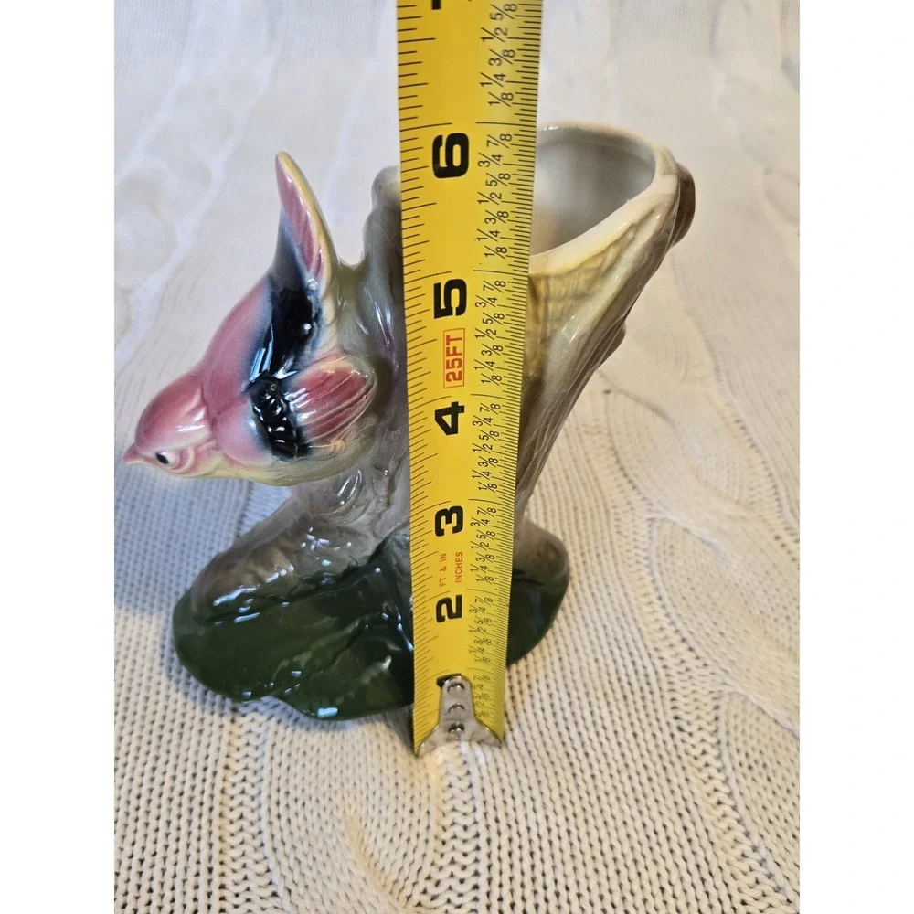 Vintage Royal Copley Hand Painted Pottery Nuthatch Like Bird On Branch Vase